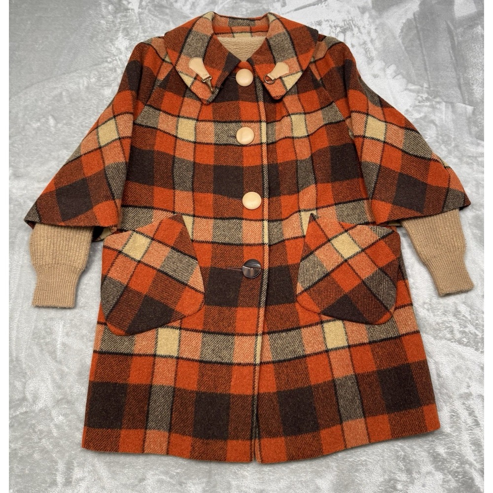 Vintage Country Pacer Cape Coat Womens Large Orange Plaid Wool Faux Fur 60s